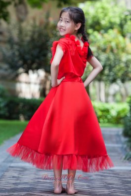 Bright Red Square Flower Dresses For Little Girls