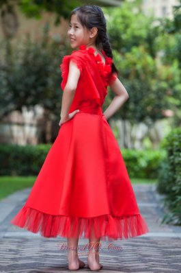 Bright Red Square Flower Dresses For Little Girls