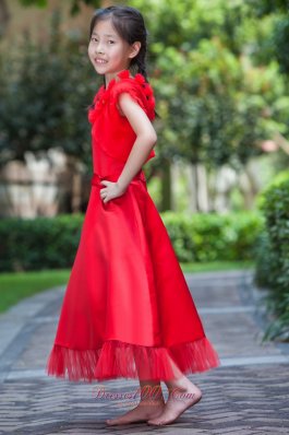 Bright Red Square Flower Dresses For Little Girls