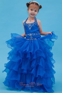 Halter Top Appliques Blue Flower Girl Dress Organza
