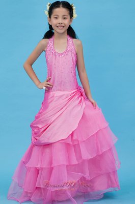 Fuchsia Halter Pageant Flower Girl Dress Beading