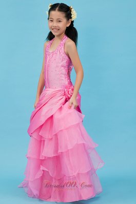 Fuchsia Halter Pageant Flower Girl Dress Beading