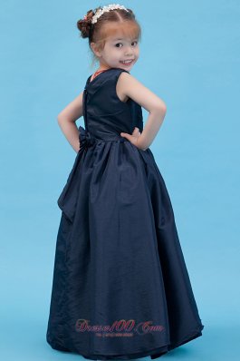 V Neck Navy Blue Little Girl Flower Dress Taffeta