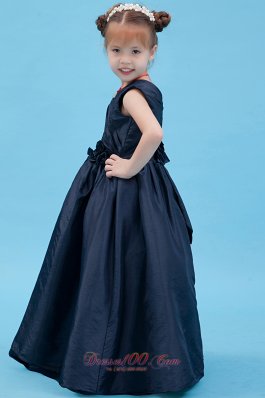 V Neck Navy Blue Little Girl Flower Dress Taffeta