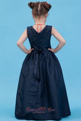 V Neck Navy Blue Little Girl Flower Dress Taffeta