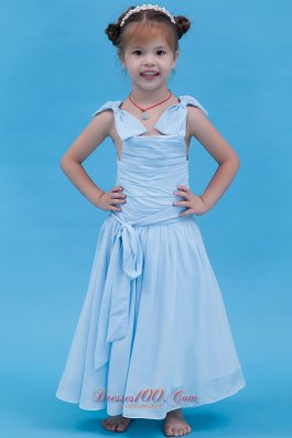 Ruched Straps Chiffon Baby Blue Flower Girl Dresses