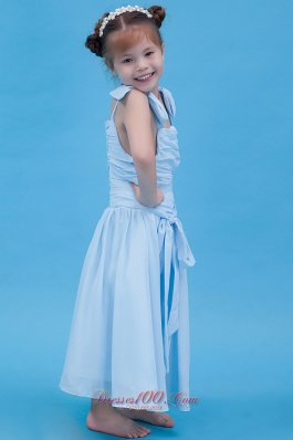 Ruched Straps Chiffon Baby Blue Flower Girl Dresses