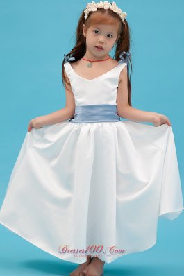 V-neck Colored Belt Flower Little Girl Dresses