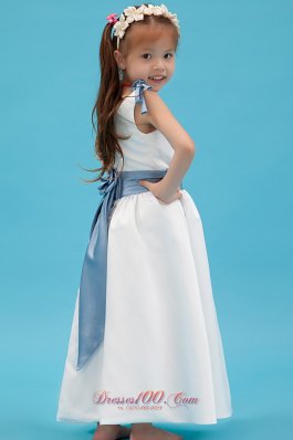 V-neck Colored Belt Flower Little Girl Dresses