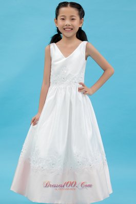 V-neck Appliques Flower Girl Pageant Dress Satin