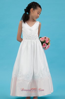 V-neck Appliques Flower Girl Pageant Dress Satin