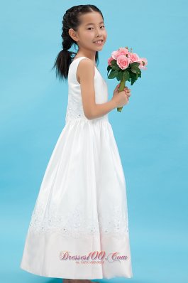 V-neck Appliques Flower Girl Pageant Dress Satin