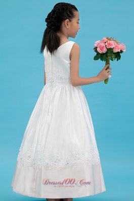 V-neck Appliques Flower Girl Pageant Dress Satin