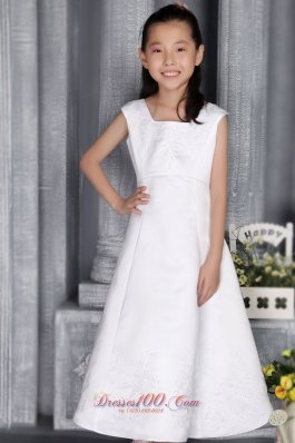 Embriodery Square Flower Pageant Dress For Girls Satin