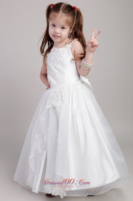 Appliques Straps Bow Flower Girl Dress Pageant