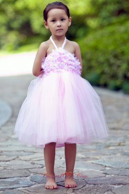 Halter Pink Little Girl Dress Hand Made Flowers