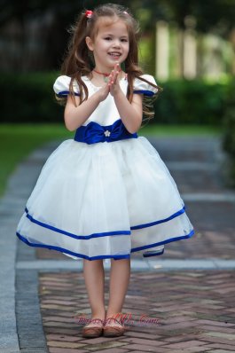 White and Blue Cap Sleeves Bow Flower Girl Dress