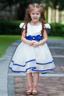 White and Blue Cap Sleeves Bow Flower Girl Dress