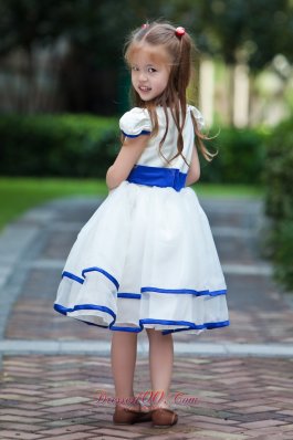 White and Blue Cap Sleeves Bow Flower Girl Dress