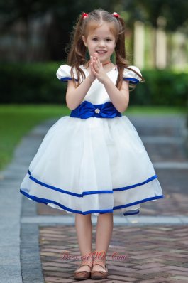 White and Blue Cap Sleeves Bow Flower Girl Dress