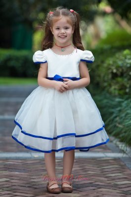 White and Blue Cap Sleeves Bow Flower Girl Dress