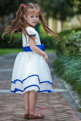 White and Blue Cap Sleeves Bow Flower Girl Dress