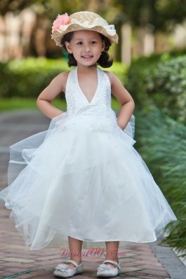 Halter Beaded Hand Made Flowers Youngster Girl Dresses