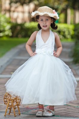 Halter Beaded Hand Made Flowers Youngster Girl Dresses