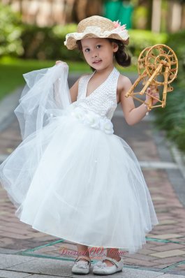 Halter Beaded Hand Made Flowers Youngster Girl Dresses