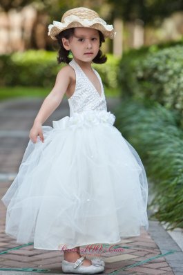 Halter Beaded Hand Made Flowers Youngster Girl Dresses