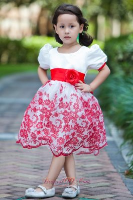 Red Hand Made Flowers Sleeves Youngster Girls Dresses