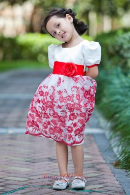 Red Hand Made Flowers Sleeves Youngster Girls Dresses