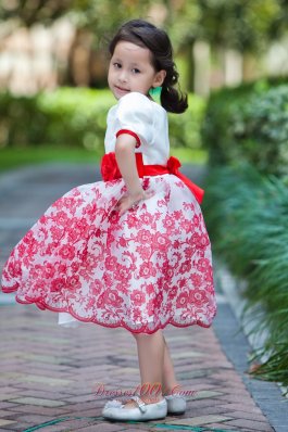 Red Hand Made Flowers Sleeves Youngster Girls Dresses