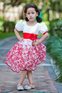 Red Hand Made Flowers Sleeves Youngster Girls Dresses