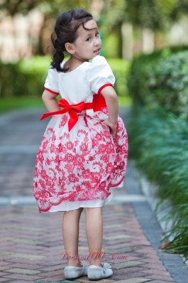 Red Hand Made Flowers Sleeves Youngster Girls Dresses