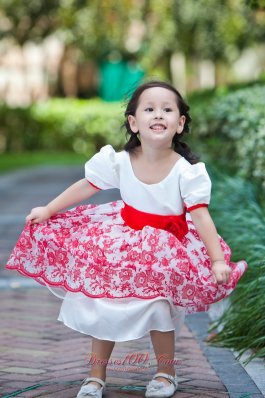 Red Hand Made Flowers Sleeves Youngster Girls Dresses