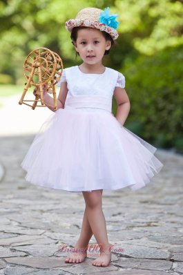 White and Pink Ball Flower Girl Dress Scoop Short