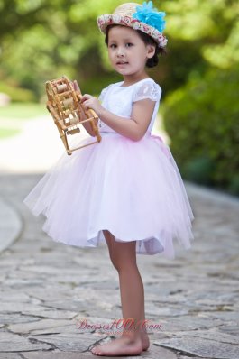 White and Pink Ball Flower Girl Dress Scoop Short