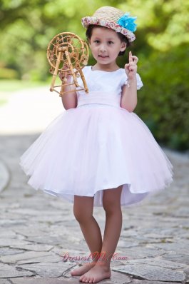 White and Pink Ball Flower Girl Dress Scoop Short