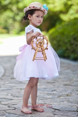 White and Pink Ball Flower Girl Dress Scoop Short