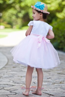 White and Pink Ball Flower Girl Dress Scoop Short