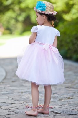 White and Pink Ball Flower Girl Dress Scoop Short