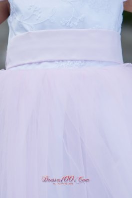 White and Pink Ball Flower Girl Dress Scoop Short