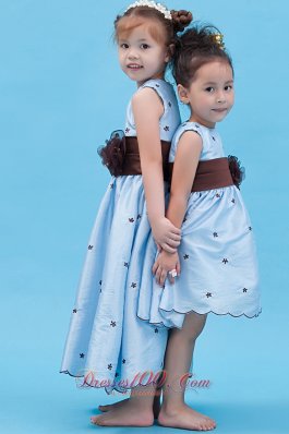 Appliques Baby Blue Colored Flowers Little Girl Dress