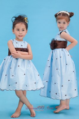 Appliques Baby Blue Colored Flowers Little Girl Dress