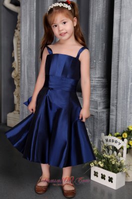 Straps Navy Blue Youngster Girl Dress Satin Bow