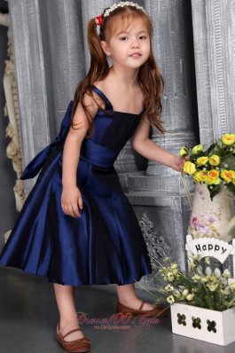 Straps Navy Blue Youngster Girl Dress Satin Bow