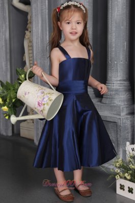 Straps Navy Blue Youngster Girl Dress Satin Bow