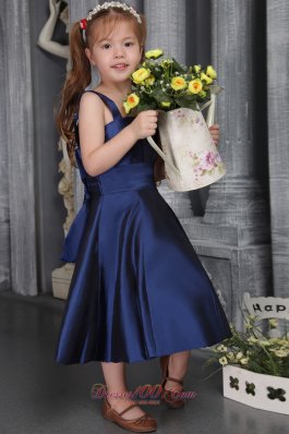 Straps Navy Blue Youngster Girl Dress Satin Bow