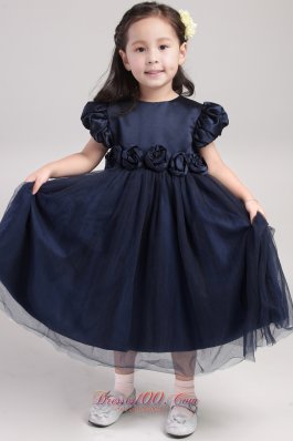 Hand Made Flower Sleeves Little Girl Dress Navy Blue